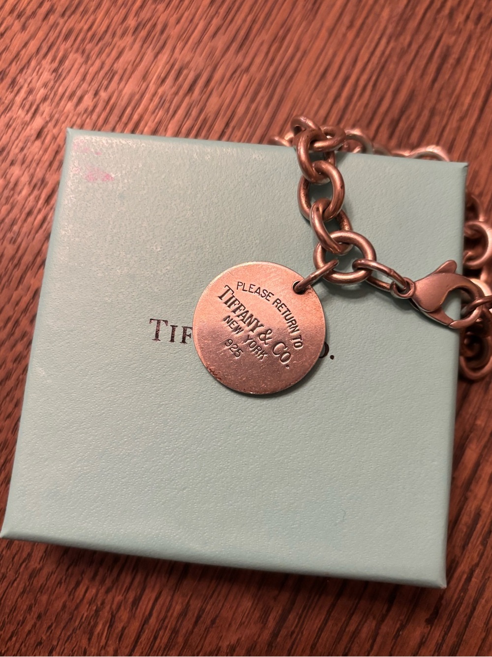 Tiffany & Co. Silver Round Tag Charm Bracelet with Blue Box